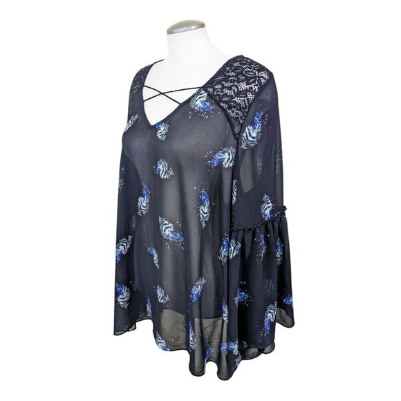 Womens Plus Size 22 Sheer Blouse Top Black Blue Bell Sleeve Lace Cross Front - Picture 4 of 6